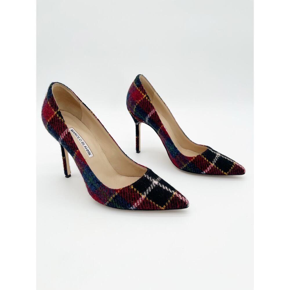 Manolo Blahnik BB Check Plaid Tartan Wool Pointed Toe Stiletto Heels IT 38.5 - Picture 2 of 12